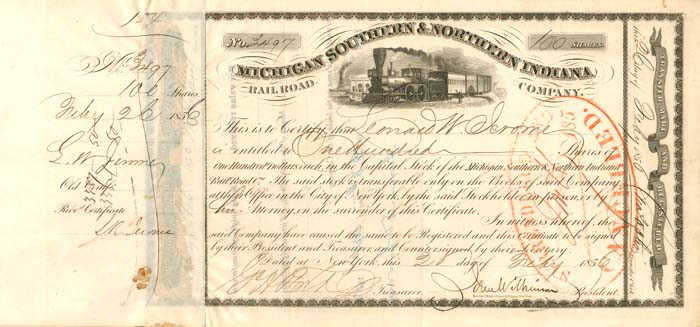 Michigan Southern and Northern Indiana Railroad signed by Leonard W. and L. R. Jerome